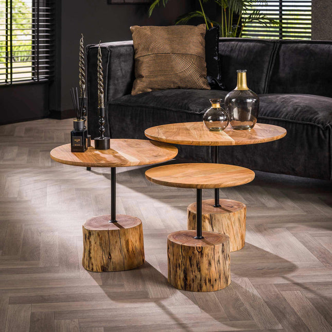 Coffee Table set/3 tree trunk foot / Solid Acacia