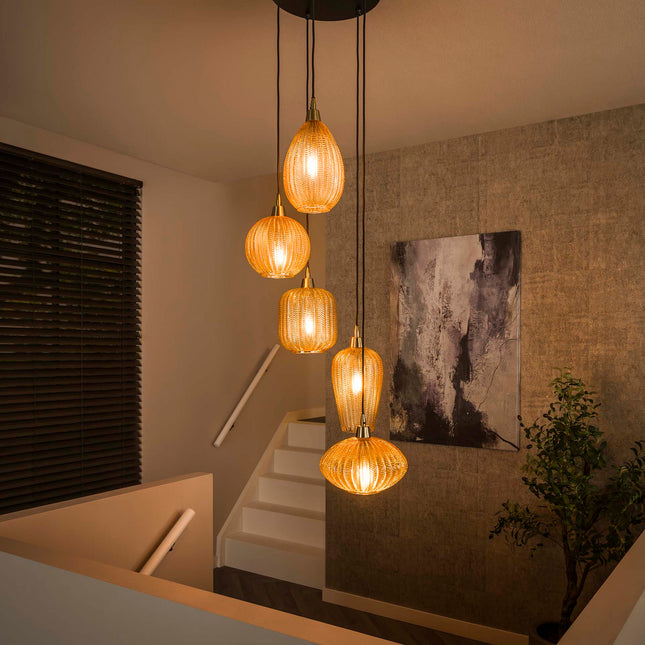 Pendant Lamp 5L V-shape pattern getrapt  Amber-Colored Glass