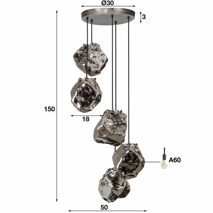 Pendant Lamp 5L rock getrapt  Chromed Glass