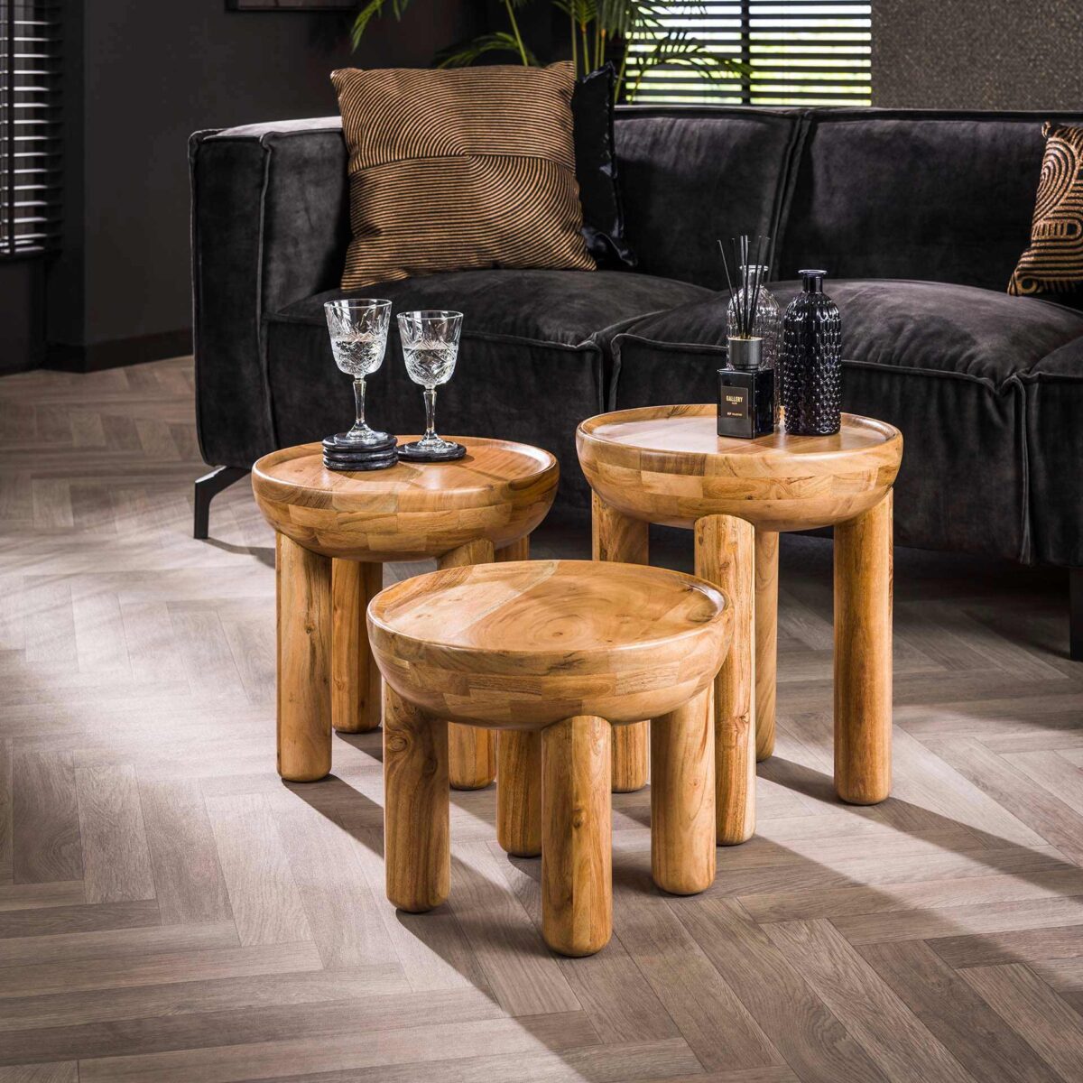 Coffee Table set/3 massief rond / Solid Natural Acacia - Image 1