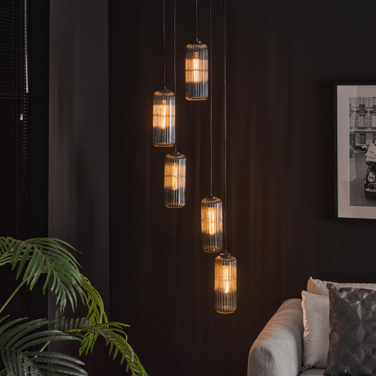 Pendant Lamp 5L getrapt cilinder rib smoke / Arctic Black - Image 1