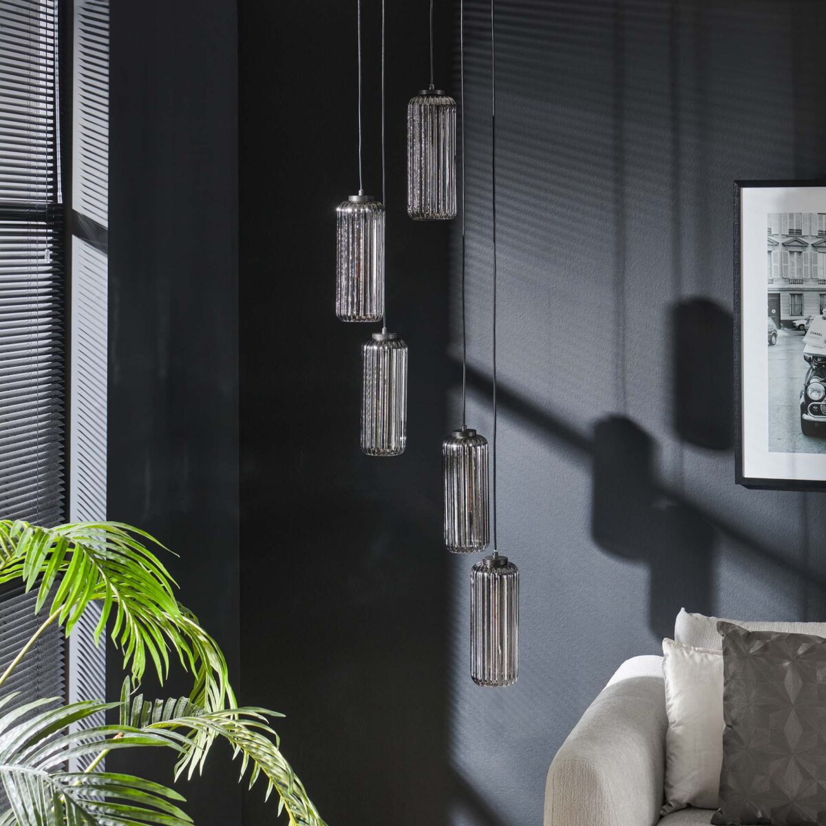 Pendant Lamp 5L getrapt cilinder rib smoke / Arctic Black - Image 2