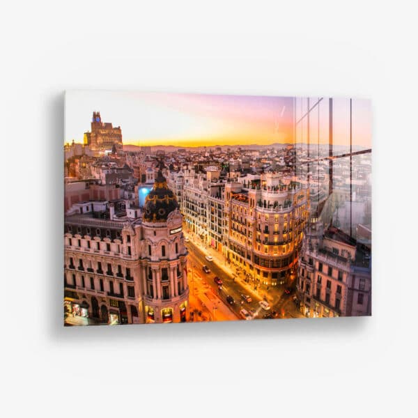 Sunset view of Gran Via in Madrid – Glass